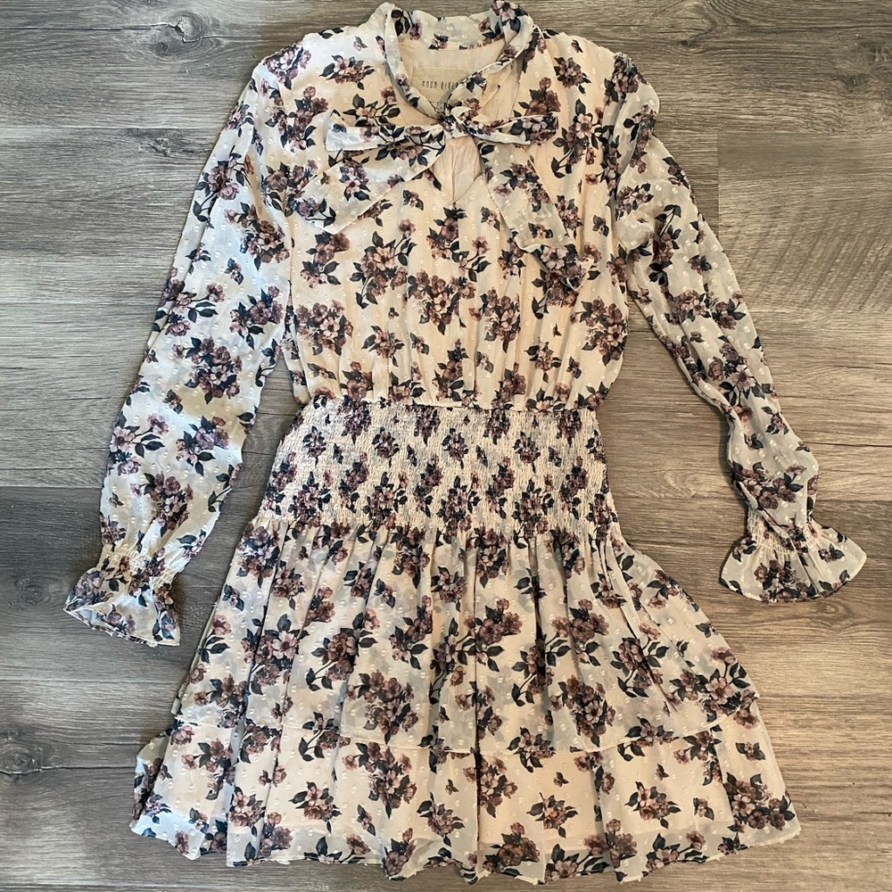 Moon River Floral Print Tie Neck Dress